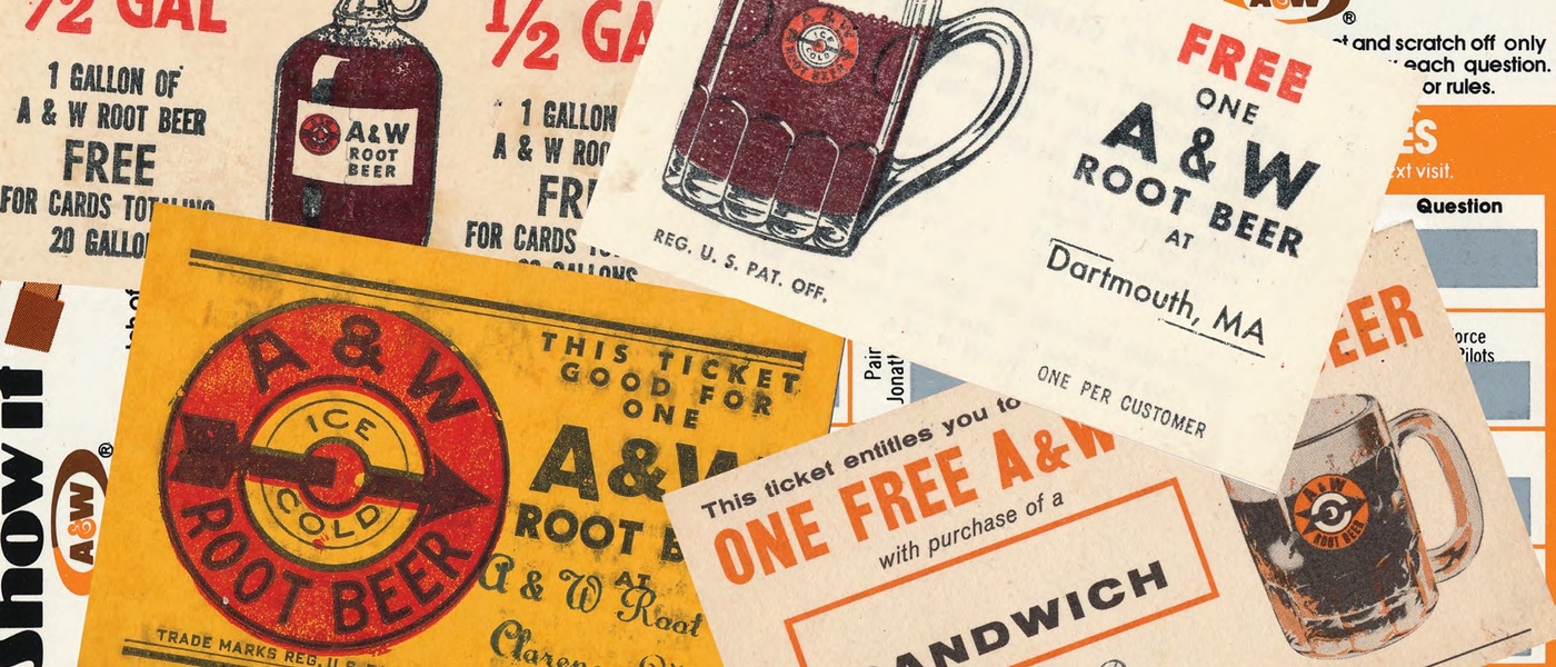 Collection of vintage A&W coupon cards from over the years.